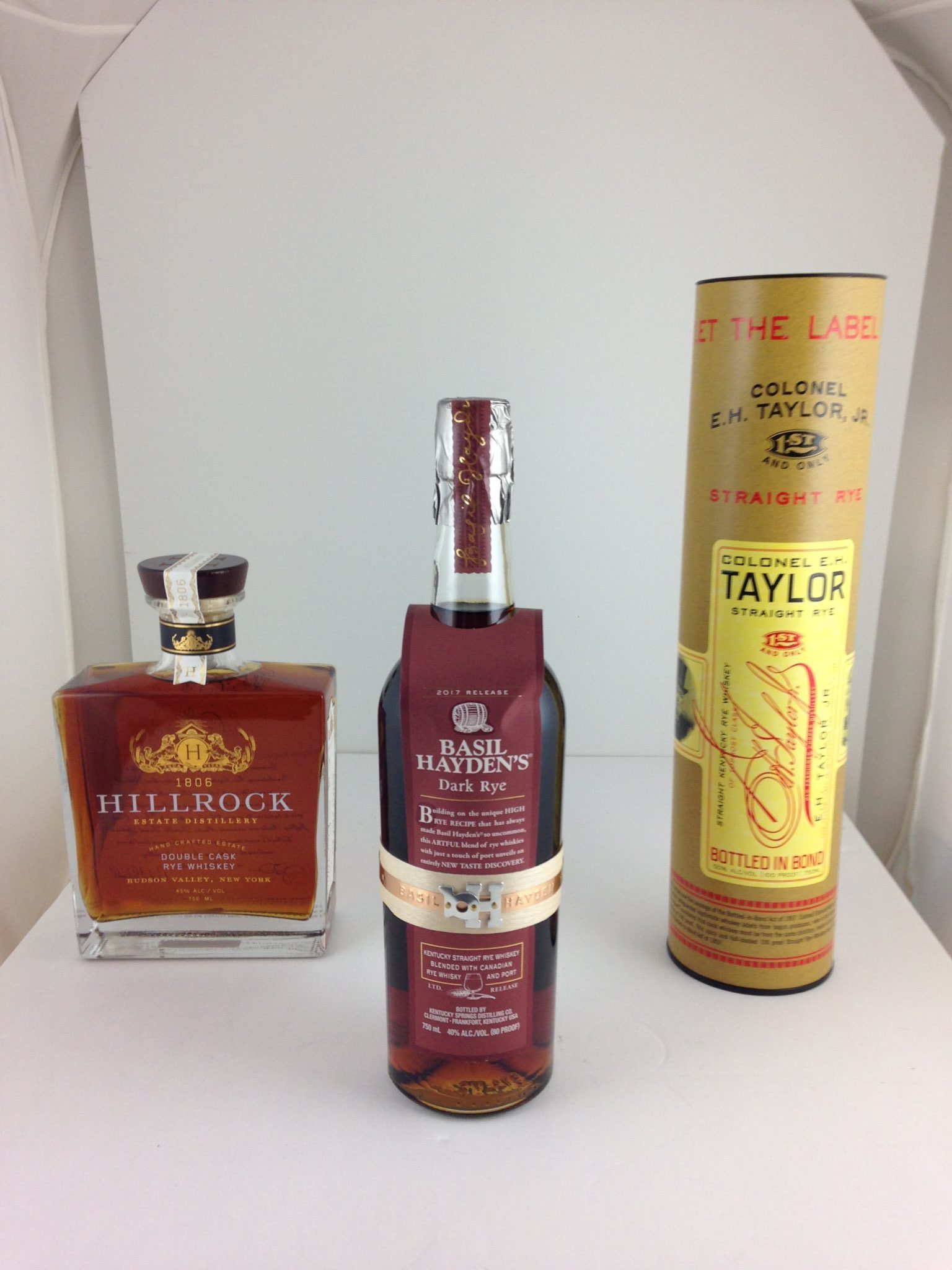 Hillrock Estate Distillery Double Cask Rye, Basil Hayden's Dark Rye, Colonel E.H. Taylor Bottled in Bond Rye Whiskey